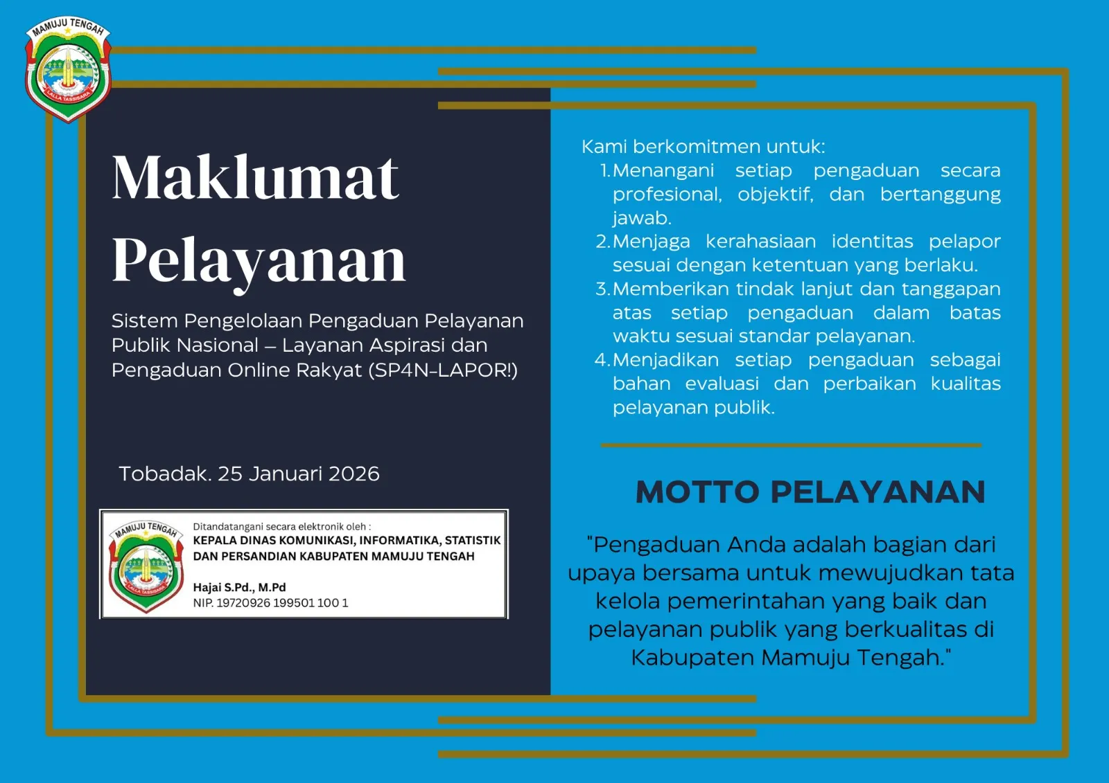 Maklumat Pelayanan SP4N-LAPOR! Diskominfo Mamuju Tengah